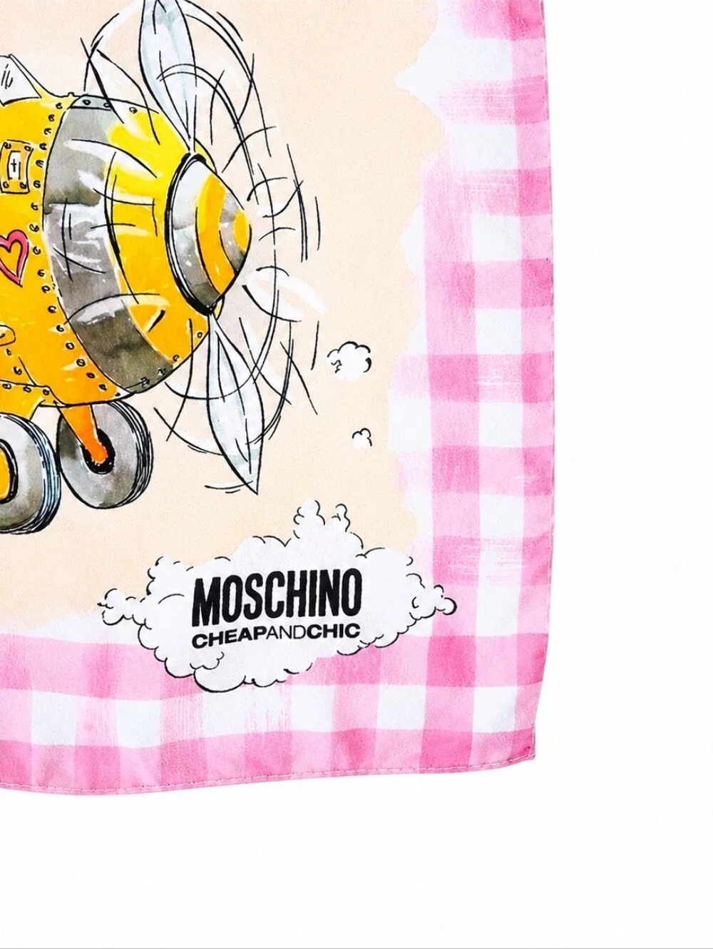 MOSCHINO | Cheap & Chic “Love Is In The Sky” Square Silk Scarf Pink Yellow 25”